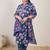 Plus Size Blue Printed Straight Kurta Trousers With Dupatta Set