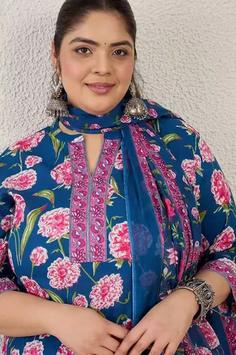 Plus Size Blue Printed Straight Kurta Trousers With Dupatta Set