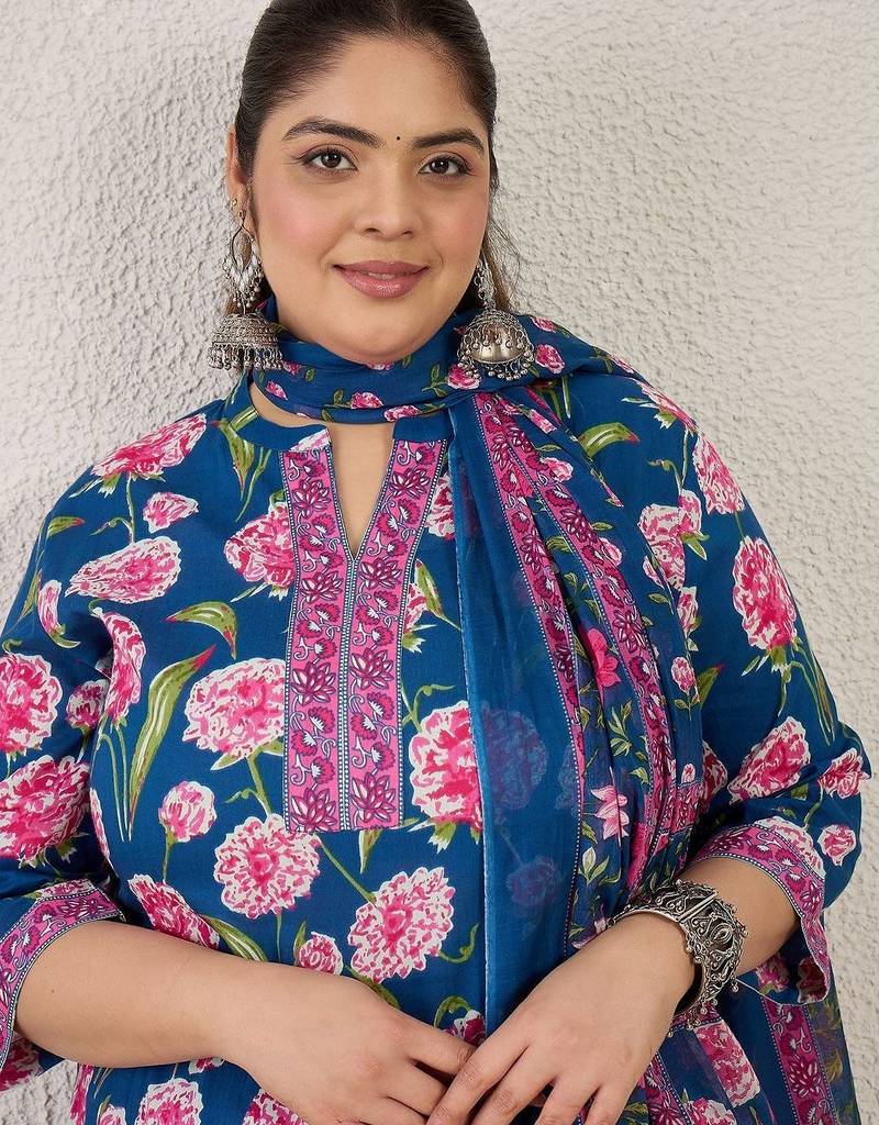 Plus Size Blue Printed Straight Kurta Trousers With Dupatta Set