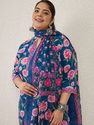 Plus Size Blue Printed Straight Kurta Trousers With Dupatta Set 3