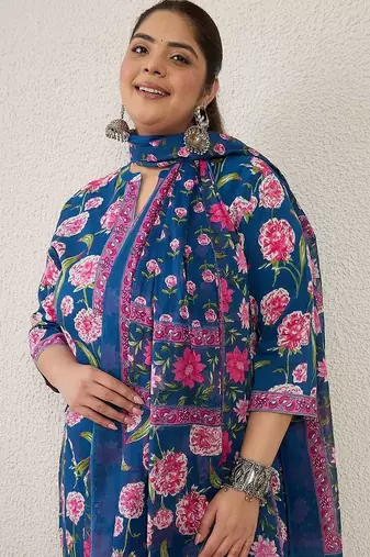 Plus Size Blue Printed Straight Kurta Trousers With Dupatta Set