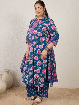 Plus Size Blue Printed Straight Kurta Trousers With Dupatta Set 4