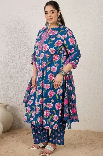 Plus Size Blue Printed Straight Kurta Trousers With Dupatta Set