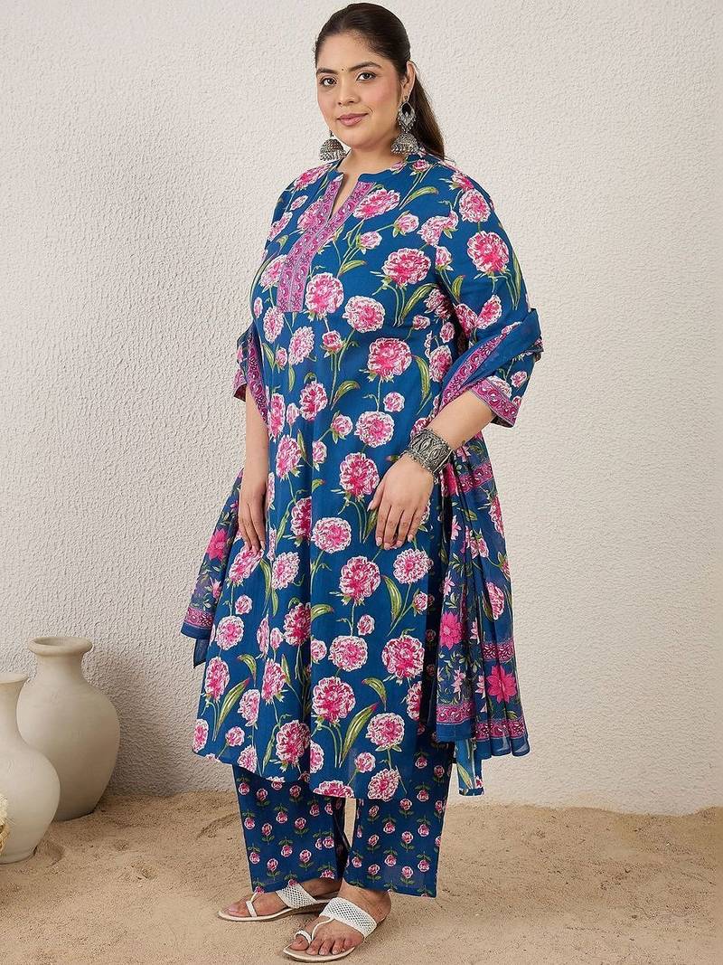 Plus Size Blue Printed Straight Kurta Trousers With Dupatta Set