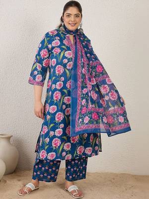 Plus Size Blue Printed Straight Kurta Trousers With Dupatta Set 5