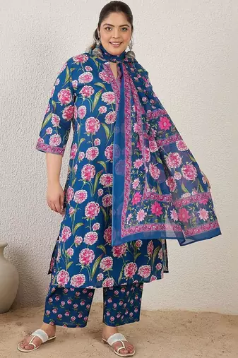 Plus Size Blue Printed Straight Kurta Trousers With Dupatta Set