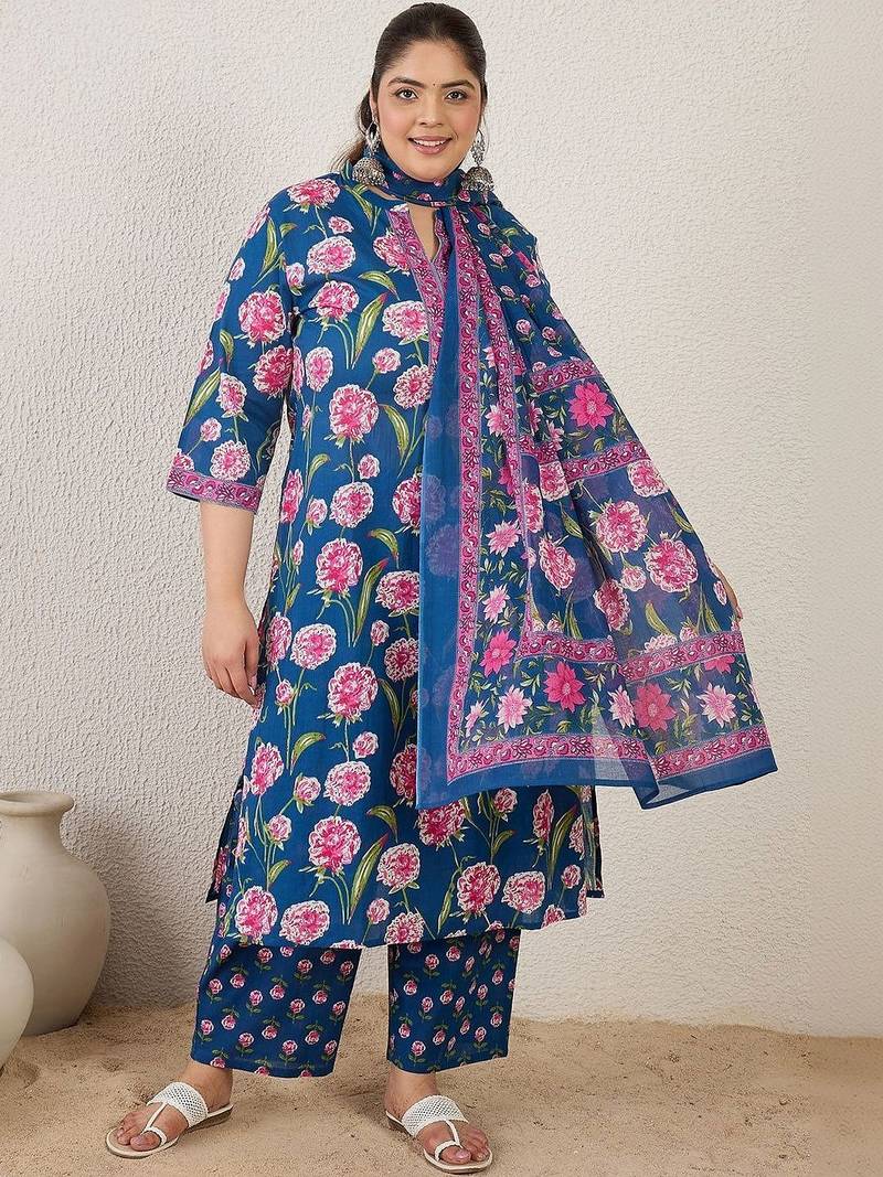 Plus Size Blue Printed Straight Kurta Trousers With Dupatta Set