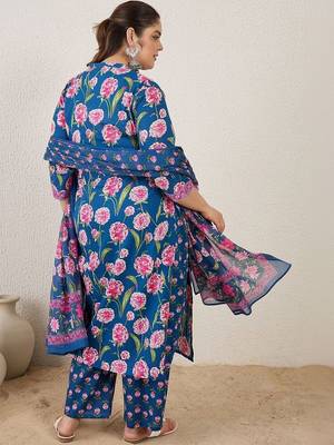 Plus Size Blue Printed Straight Kurta Trousers With Dupatta Set 6