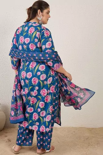 Plus Size Blue Printed Straight Kurta Trousers With Dupatta Set