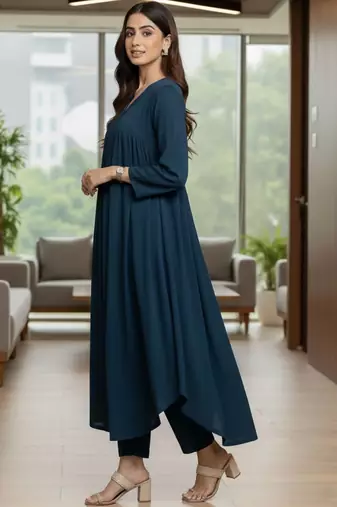 Women Empire Silk Crepe Kurta with Trousers