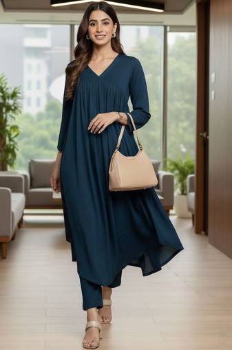Women Empire Silk Crepe Kurta with Trousers