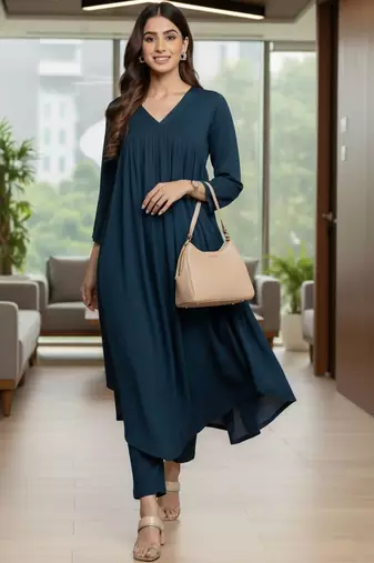 Women Empire Silk Crepe Kurta with Trousers