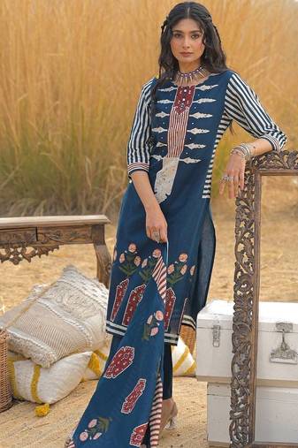 Women Ethnic Motifs Printed Regular Mirror Work Pure Cotton Kurta with Trousers & With Dupatta