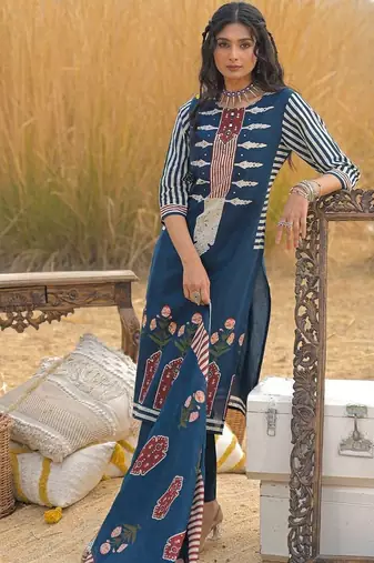 Women Ethnic Motifs Printed Regular Mirror Work Pure Cotton Kurta with Trousers & With Dupatta