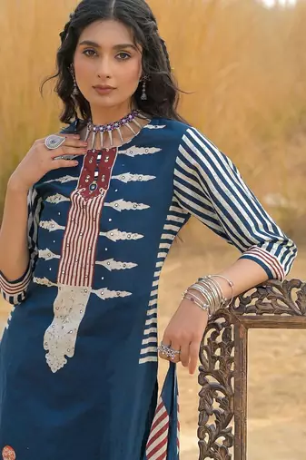 Women Ethnic Motifs Printed Regular Mirror Work Pure Cotton Kurta with Trousers & With Dupatta