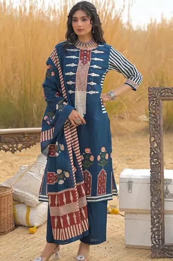 Women Ethnic Motifs Printed Regular Mirror Work Pure Cotton Kurta with Trousers & With Dupatta