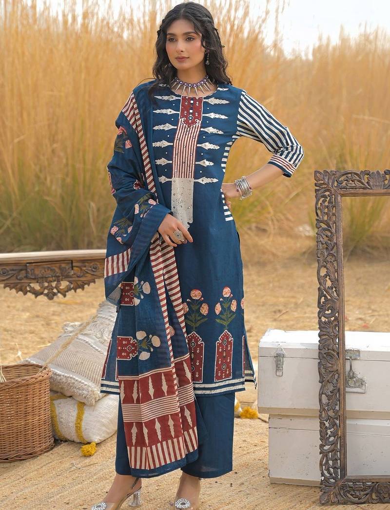 Women Ethnic Motifs Printed Regular Mirror Work Pure Cotton Kurta with Trousers & With Dupatta