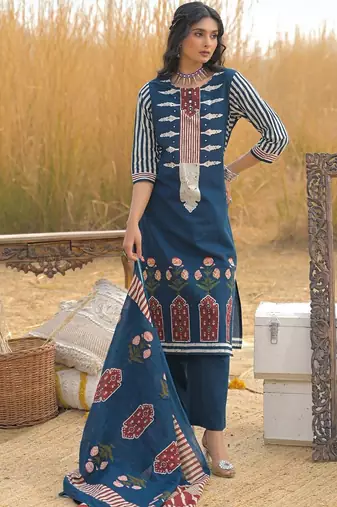 Women Ethnic Motifs Printed Regular Mirror Work Pure Cotton Kurta with Trousers & With Dupatta