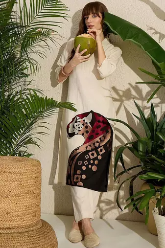 Animal Embroidered Thread Work Pure Cotton Kurta with Palazzos