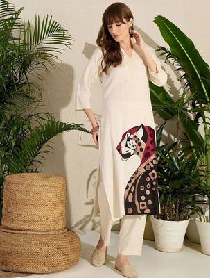 Animal Embroidered Thread Work Pure Cotton Kurta with Palazzos 1