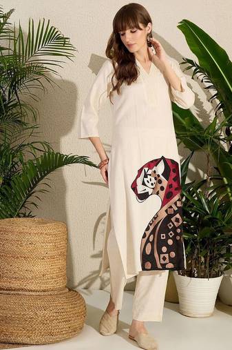 Animal Embroidered Thread Work Pure Cotton Kurta with Palazzos