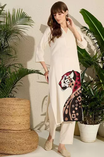 Animal Embroidered Thread Work Pure Cotton Kurta with Palazzos