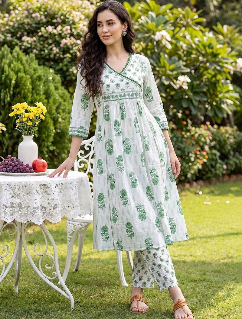Women Floral Printed Empire Pure Cotton Kurta with Trousers