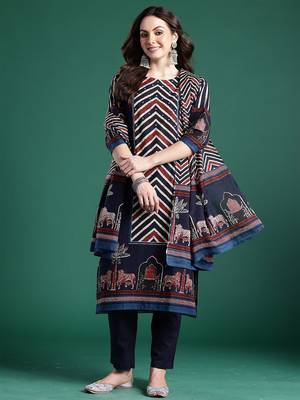 Printed Panelled Sequinned Pure Cotton Kurta With Trousers & Dupatta 1