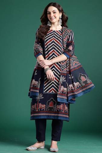 Printed Panelled Sequinned Pure Cotton Kurta With Trousers & Dupatta