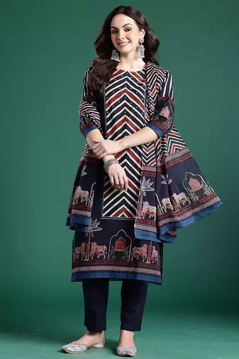Printed Panelled Sequinned Pure Cotton Kurta With Trousers & Dupatta
