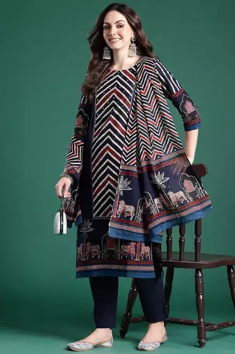 Printed Panelled Sequinned Pure Cotton Kurta With Trousers & Dupatta