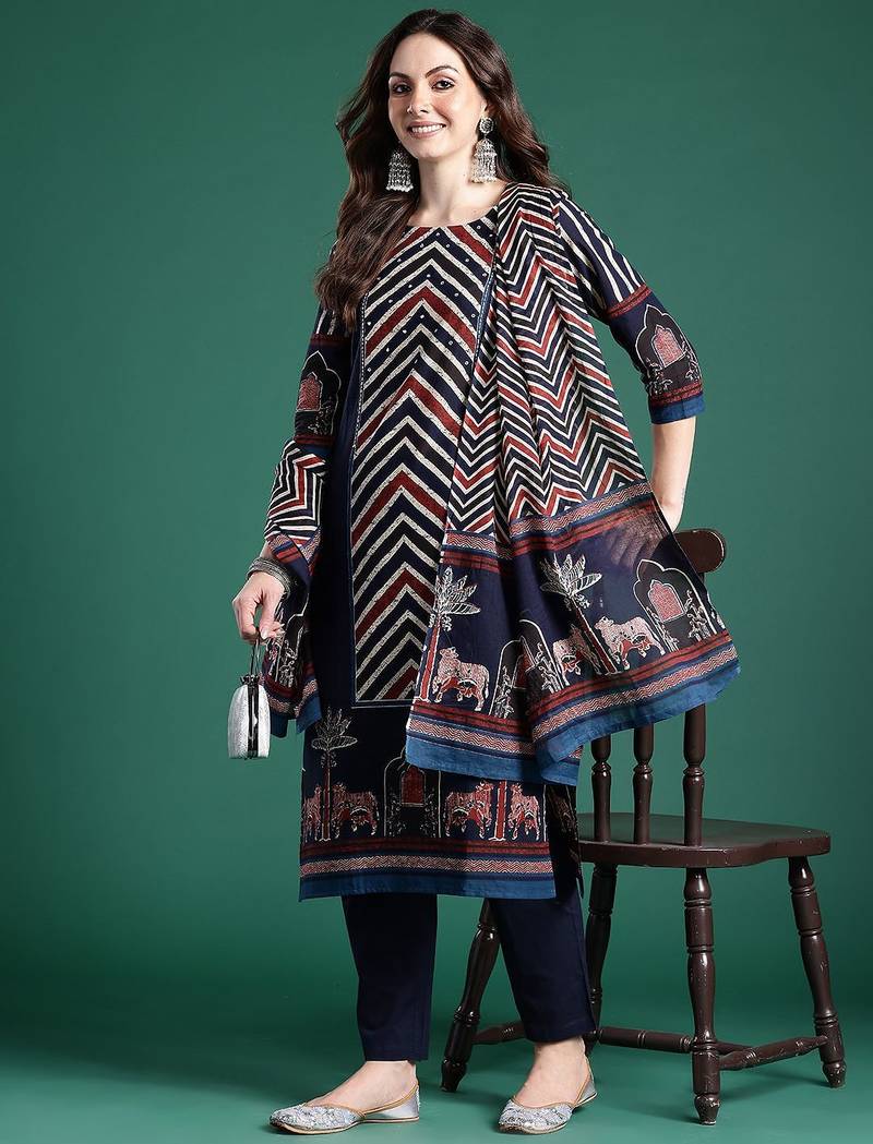 Printed Panelled Sequinned Pure Cotton Kurta With Trousers & Dupatta
