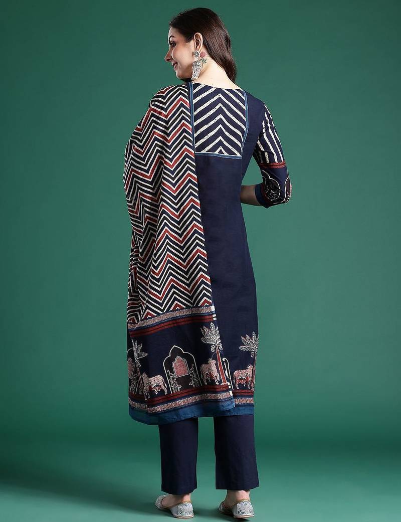 Printed Panelled Sequinned Pure Cotton Kurta With Trousers & Dupatta