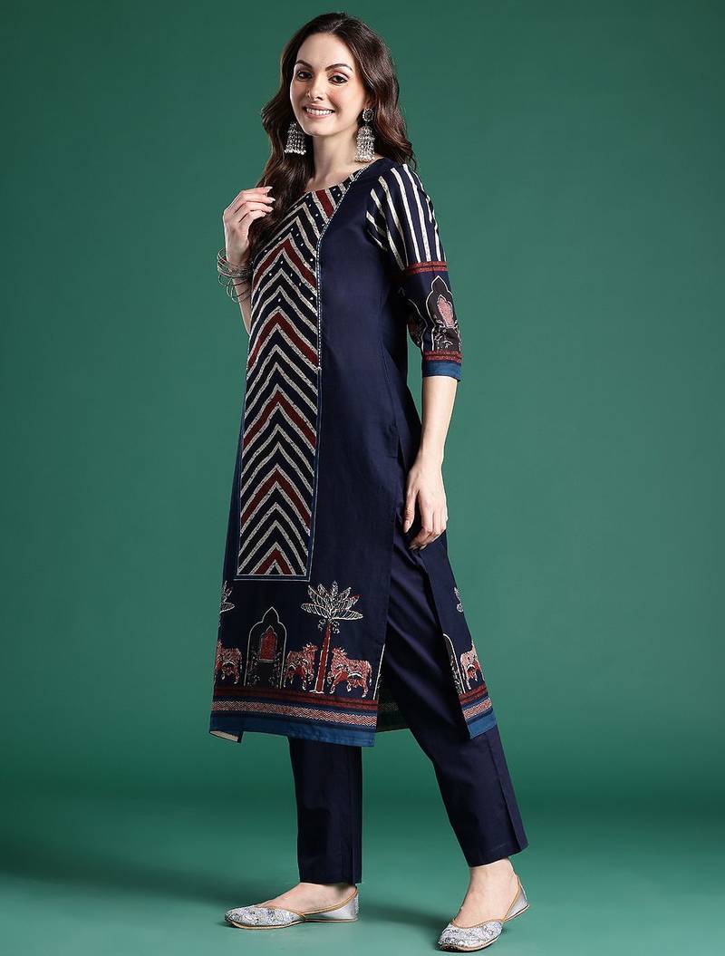 Printed Panelled Sequinned Pure Cotton Kurta With Trousers & Dupatta