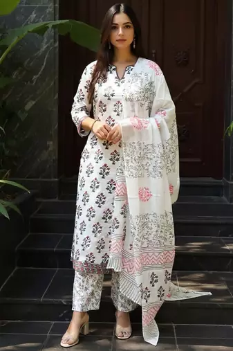 Women Ethnic Motifs Printed Regular Pure Cotton Kurta & Trousers With Dupatta