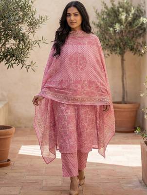 Women Floral Printed Regular Pure Cotton Kurta with Trousers & With Dupatta 4