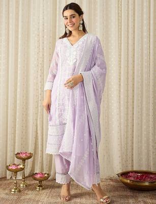 Women Ethnic Motifs Embroidered Regular Chikankari Pure Cotton Kurta with Trousers & With Dupatta 1