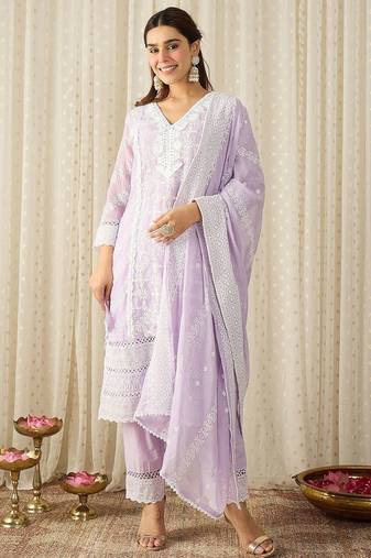 Women Ethnic Motifs Embroidered Regular Chikankari Pure Cotton Kurta with Trousers & With Dupatta