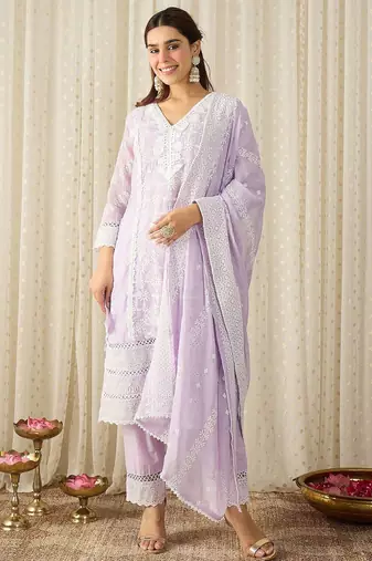 Women Ethnic Motifs Embroidered Regular Chikankari Pure Cotton Kurta with Trousers & With Dupatta