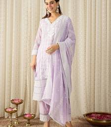 Women Ethnic Motifs Embroidered Regular Chikankari Pure Cotton Kurta with Trousers & With Dupatta