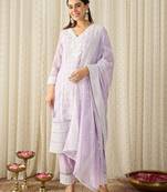 Women Ethnic Motifs Embroidered Regular Chikankari Pure Cotton Kurta with Trousers & With Dupatta