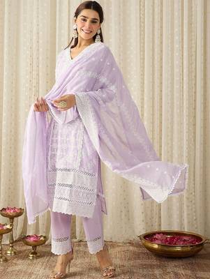 Women Ethnic Motifs Embroidered Regular Chikankari Pure Cotton Kurta with Trousers & With Dupatta 2
