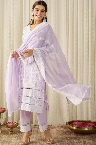 Women Ethnic Motifs Embroidered Regular Chikankari Pure Cotton Kurta with Trousers & With Dupatta