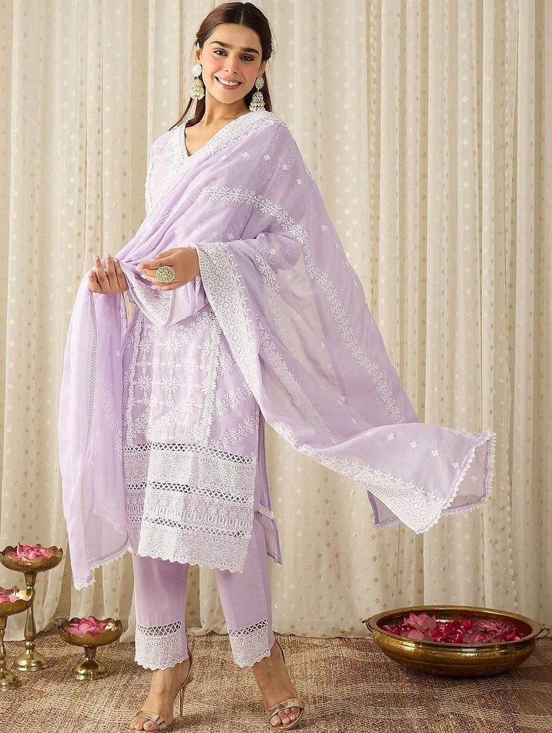 Women Ethnic Motifs Embroidered Regular Chikankari Pure Cotton Kurta with Trousers & With Dupatta