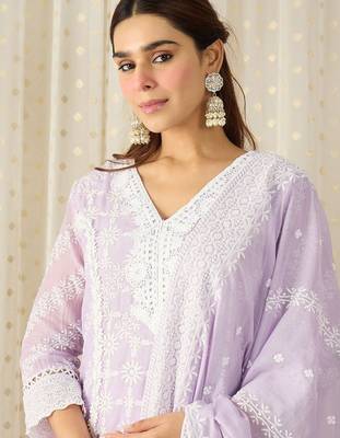 Women Ethnic Motifs Embroidered Regular Chikankari Pure Cotton Kurta with Trousers & With Dupatta 3