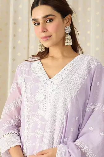Women Ethnic Motifs Embroidered Regular Chikankari Pure Cotton Kurta with Trousers & With Dupatta