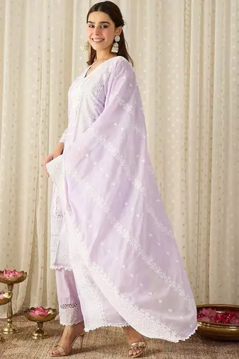 Women Ethnic Motifs Embroidered Regular Chikankari Pure Cotton Kurta with Trousers & With Dupatta