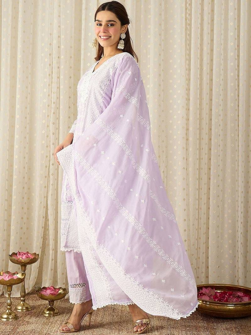 Women Ethnic Motifs Embroidered Regular Chikankari Pure Cotton Kurta with Trousers & With Dupatta