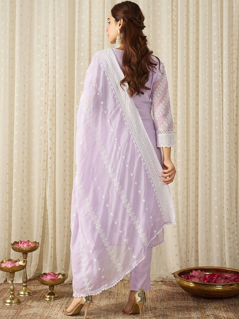 Women Ethnic Motifs Embroidered Regular Chikankari Pure Cotton Kurta with Trousers & With Dupatta