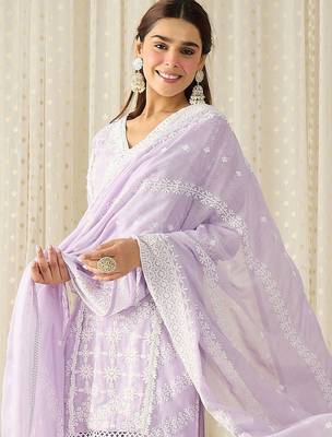 Women Ethnic Motifs Embroidered Regular Chikankari Pure Cotton Kurta with Trousers & With Dupatta 6